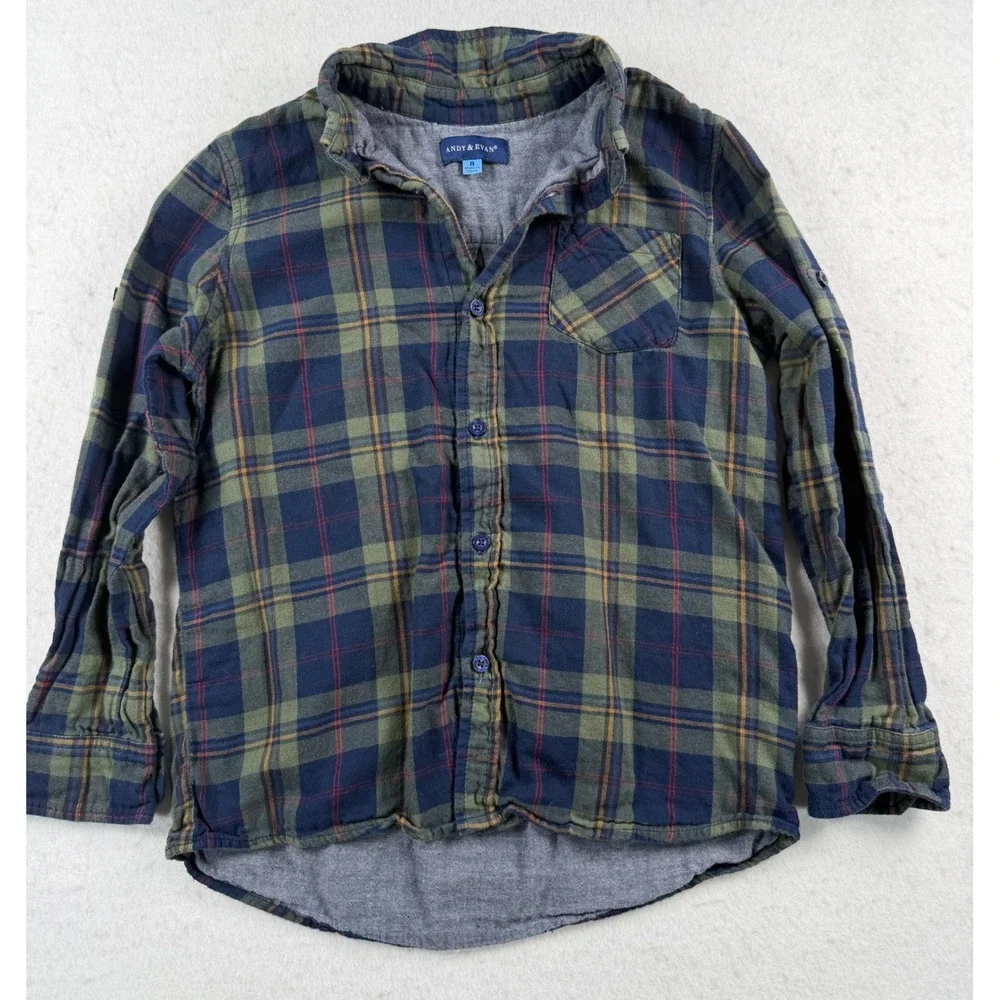 Andy & Evan Boys Size 8 Plaid Button Down Shirt Navy Green Roll Tab Sleeves